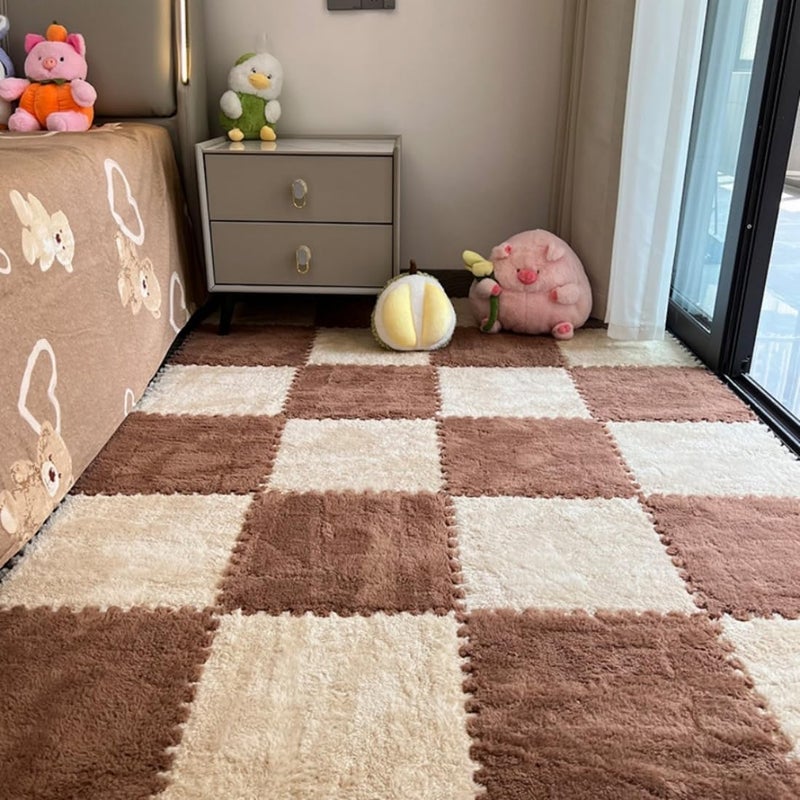 YISLEND 12Pcs Interlocking Carpet Tiles,12"x 12" Plush Interlocking Foam Carpet Tiles with Border,Fluffy Play Mat Floor Tiles Thick Padded Squares Foam Tiles for Playroom Decor (Khaki+Coffee) - Image 1